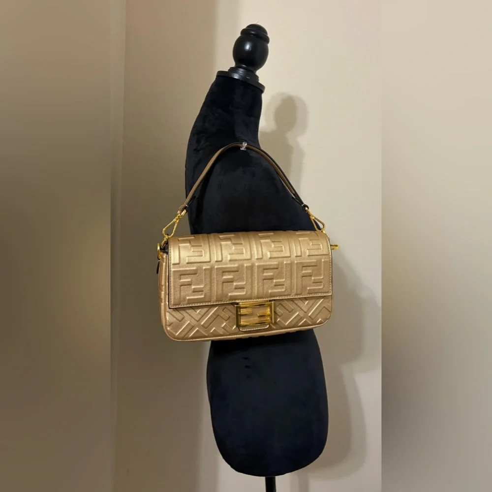Fashion Gold Mono Quilted Medium Baguette Shoulder Bag - Picture 16 of 16